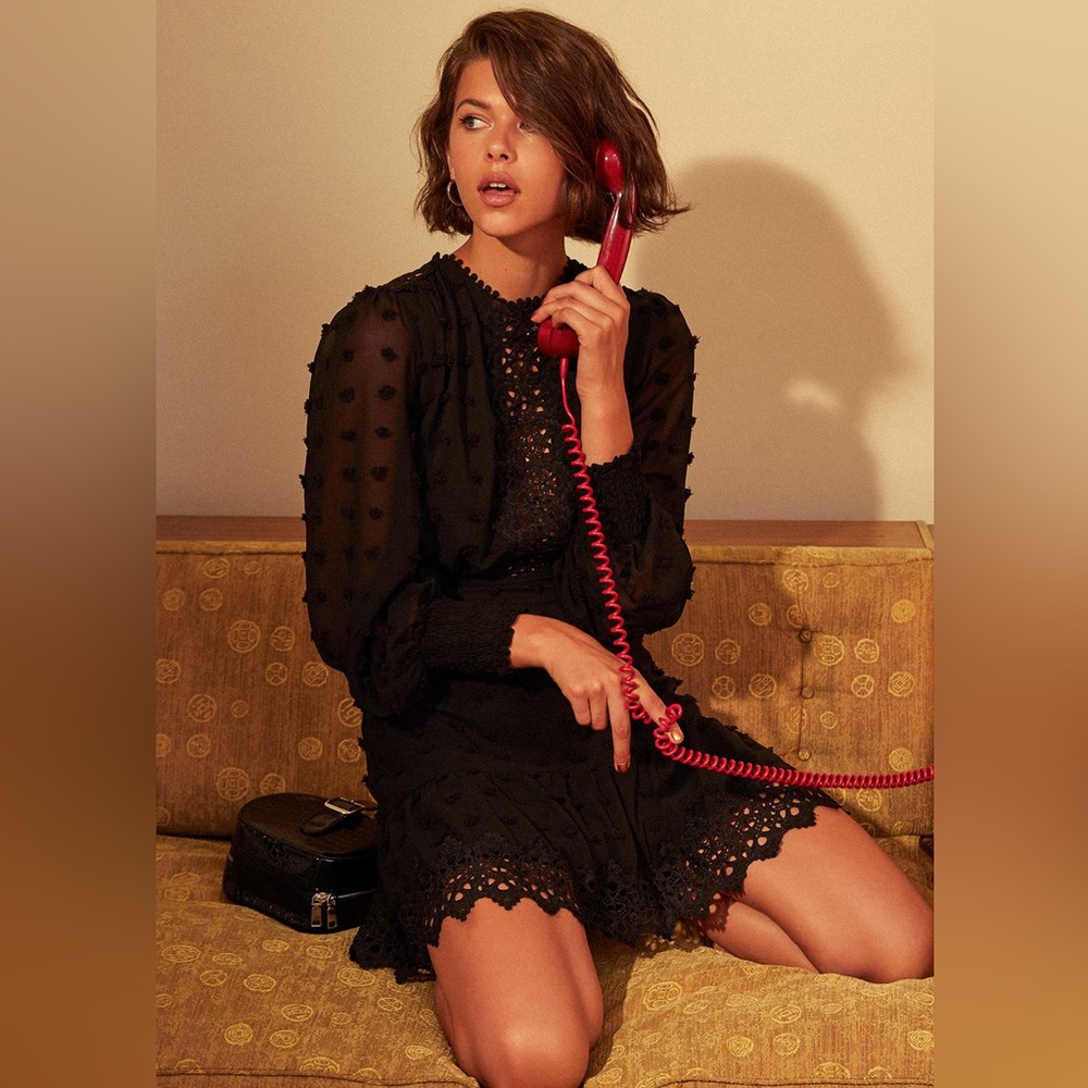 Lulu's Black Long Sleeve Lace & Swiss Dot Mini Dress